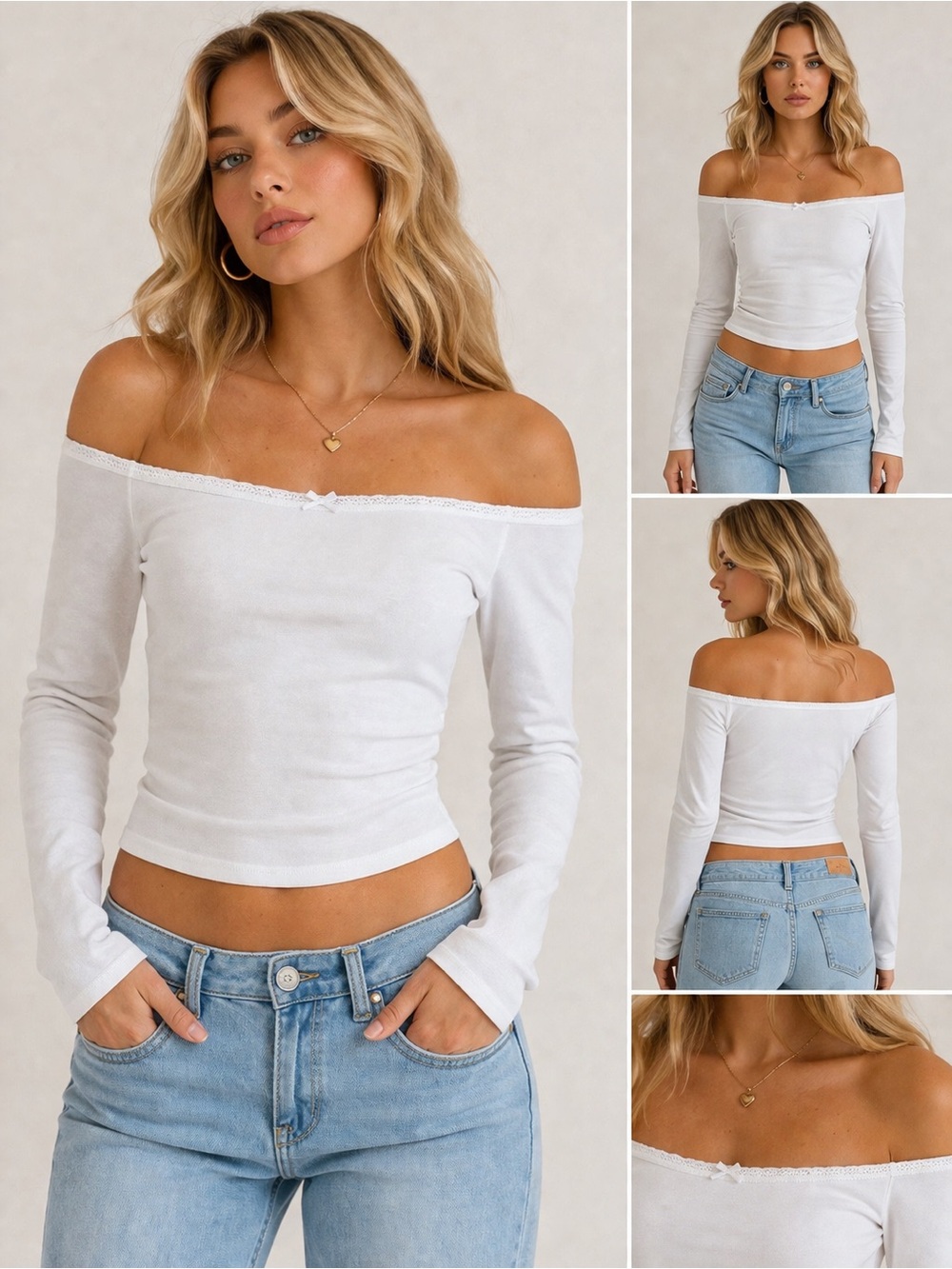 (A4) Wild Fable Off-the-Shoulder Long Sleeve Crop Top - White